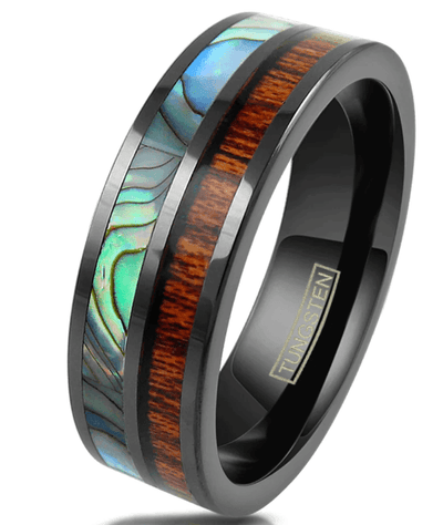 GORGEOUS BLACK FLAT BAND TUNGSTEN RING W/ BRILLIANT ABALONE & KOA WOOD INLAYS