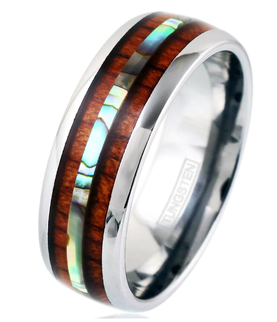 Beautiful modern silver tungsten dome ring with a dazzling abalone shell inlay between Koa Wood. Simply sublime.