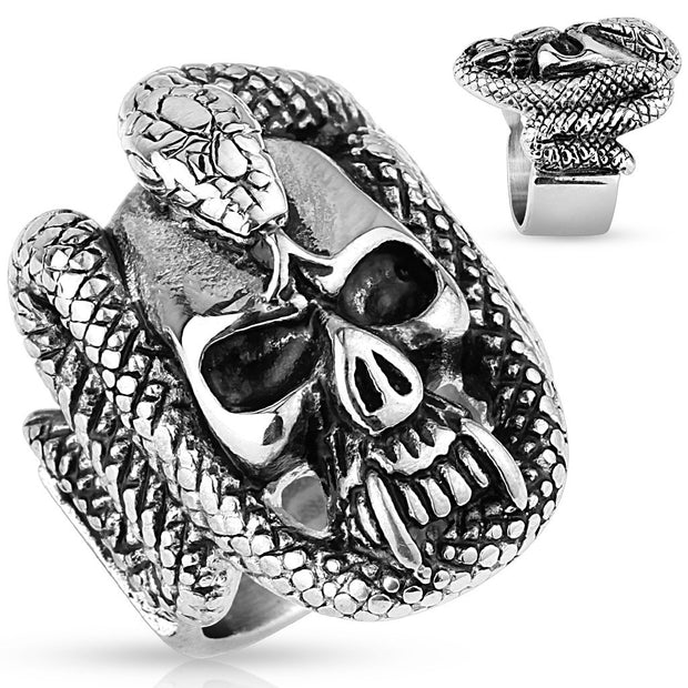 Skull with Snake Coil Stainless Steel Ring - www.mensrings.co.nz