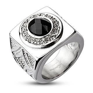 Oval Onyx Gem with Clear CZ Dial Wide Cast Ring 316L Stainless Steel - size 10 only - www.mensrings.co.nz
