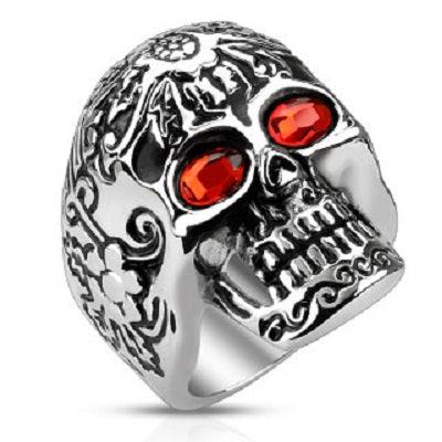 Day of The Dead Skull with Red CZ Eyes Stainless Steel Cast Ring - SIZE 10 ONLY - www.mensrings.co.nz