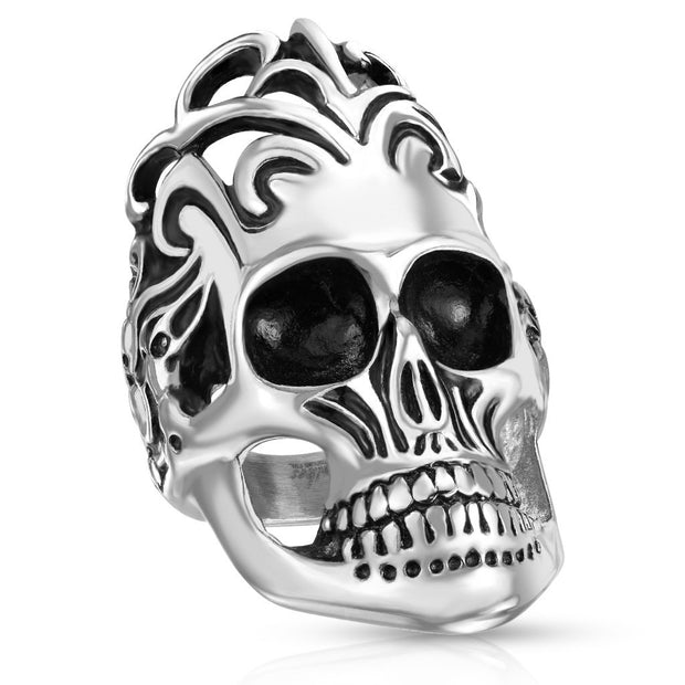 Skull with Filigree Head and Skulls Side Stainless Steel Ring - www.mensrings.co.nz