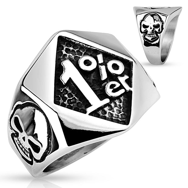 1%er with Skulls on Sides Stainless Steel Rings - size 10, 11, 12 only - www.mensrings.co.nz