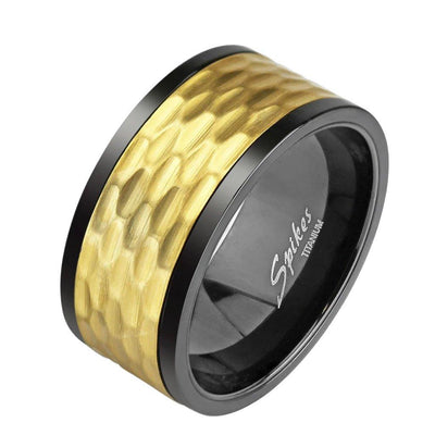 Black and Gold IP Hammered Solid Titanium Spinner Ring - Size 10 only - www.mensrings.co.nz