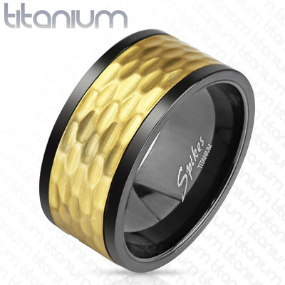 Black and Gold IP Hammered Solid Titanium Spinner Ring - Size 10 only - www.mensrings.co.nz