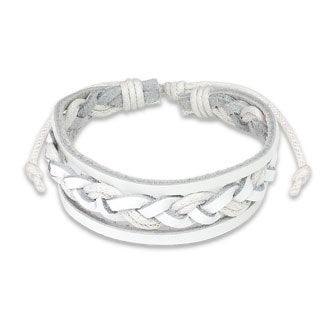 White Leather Bracelet with Double Strings Weaved Center - www.mensrings.co.nz