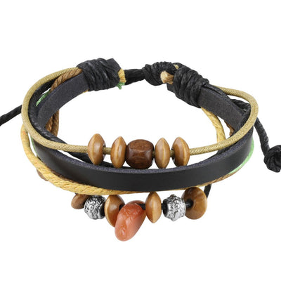 Black Leather Two Tone Braided Bracelet with Mixture of Beads - www.mensrings.co.nz