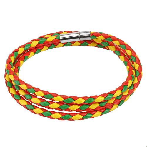 Red, Green, and Yellow Multi Weaved Triple Wrap Bracelet with Snap On Closure - www.mensrings.co.nz