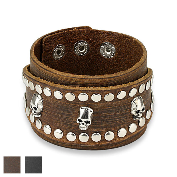 SKULL Men's Leather Bracelet - www.mensrings.co.nz