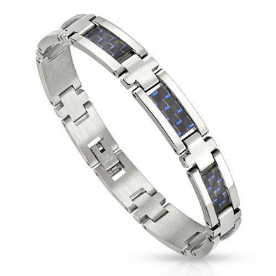 Blue Carbon Fiber Strips in Center Stainless Steel Bracelet - www.mensrings.co.nz