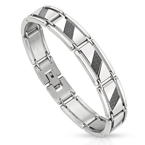 DIAGONAL WOODEN STRIPES STAINLESS STEEL BRACELET - www.mensrings.co.nz