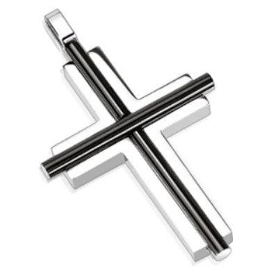 Stainless Steel Two Tone Black IP Oval Cylinder Bar Over Cross Pendant - www.mensrings.co.nz