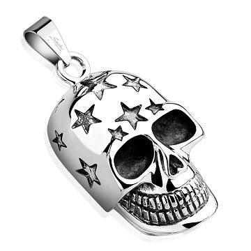 Skull with Carved Stars Stainless Steel Pendant - www.mensrings.co.nz